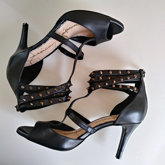 Jessica Simpson Shoes - Black Studded Ankle Cuff Peep Toe T Strap Heels